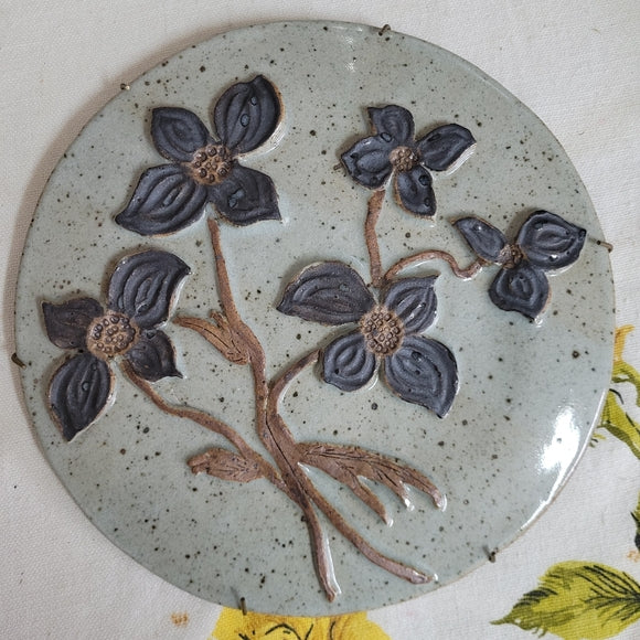 Studio Pottery Plates/Stepping Stones Artist Signed w/ Hangers set of 2 Floral