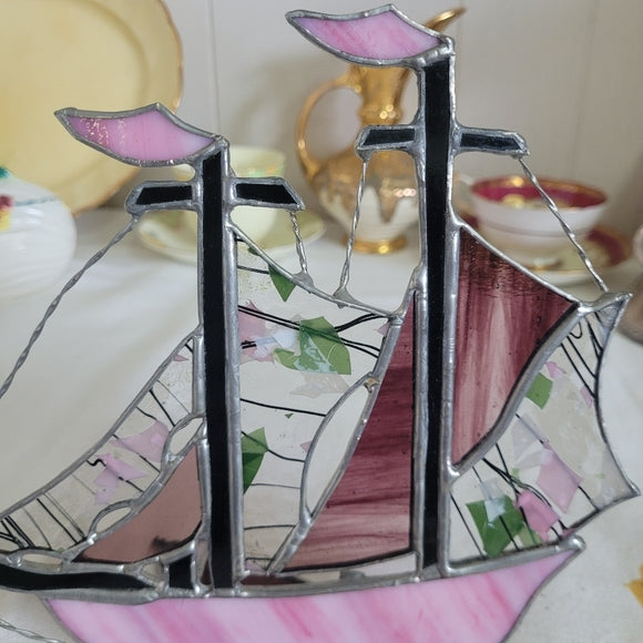 Stained Glass Sail Boat Ship Handcrafted Pink AS IS