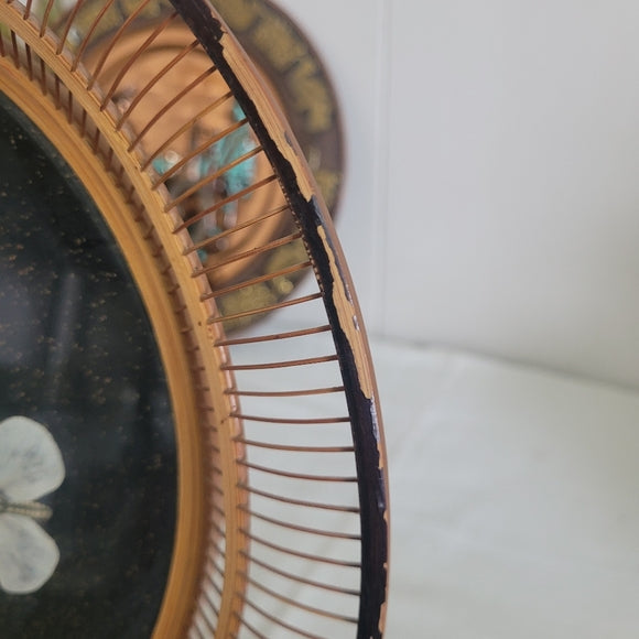 Rattan Basket Glass Bottom Silver Inlay Pressed Butterflies