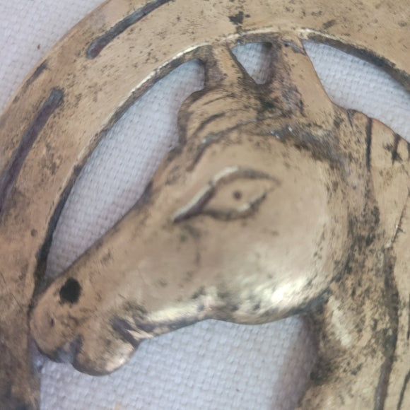 Vintage Brass Horse Head in a Horseshoe Medallion