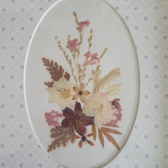 Vintage Dry Flowers Pressed with wooden frame Matted 90s