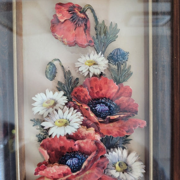 Vintage 3D Flower Art set of 2 Poppy Daisy Under Glass Hang