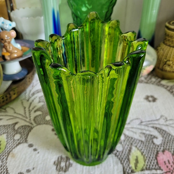 Viking Green Glass Green Vase Lotus Thick Ribbed Tall Version