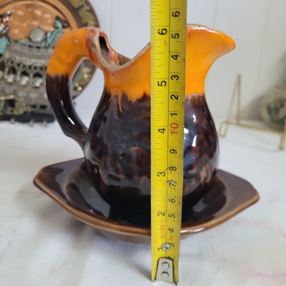 Vintage Pitcher and Basin Retro Orange and Brown Drip Glaze Mill